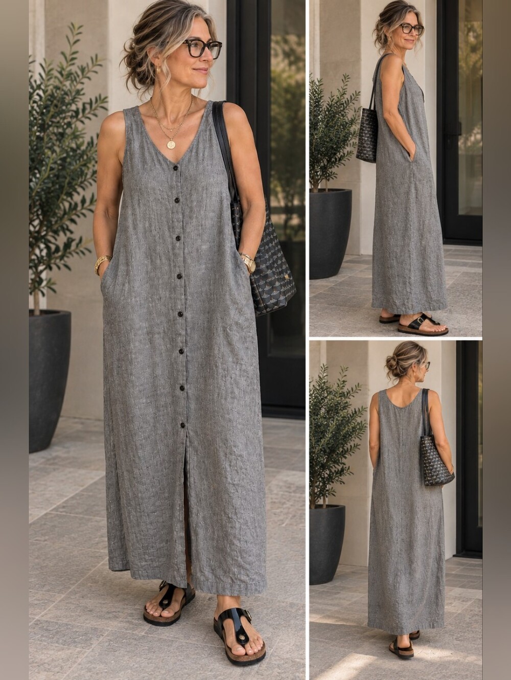 FLAX Lagenlook Sleeveless Button-Front Maxi Dress in Charcoal Gray